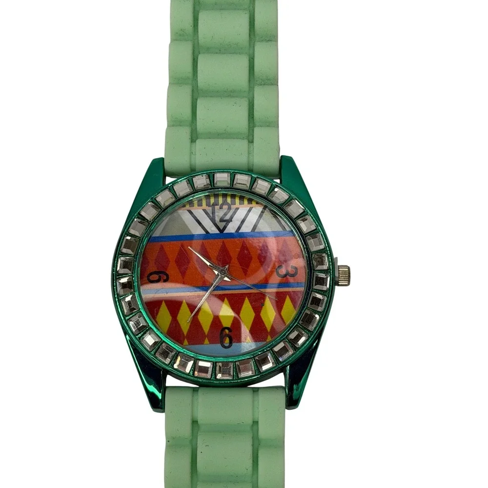 Green Silicone Band Fashion Watch Analog Geometric Western Rustic Boho Chevron